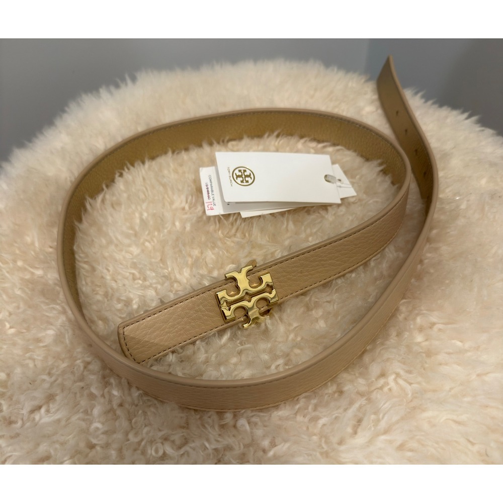 NWT Tory Burch 1" Reversible Logo Leather Belt Sand Dune Tory Gold M